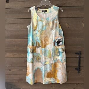 NWT CLAIRE DESJARDINS Sleeveless Art-Print Shift Dress in Aqua and Gold